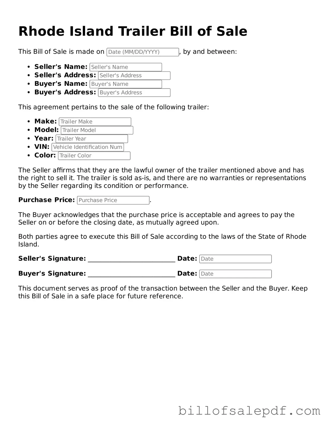 Legal Rhode Island Trailer Bill of Sale Form