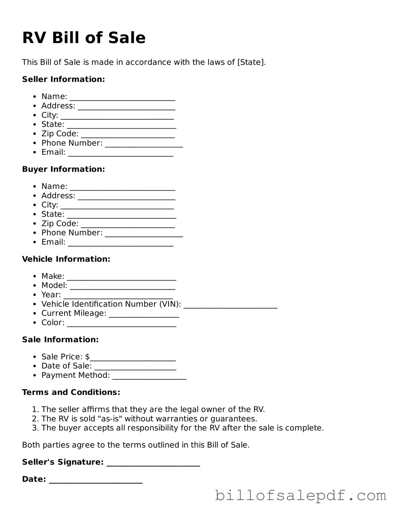 Fillable RV Bill of Sale Document