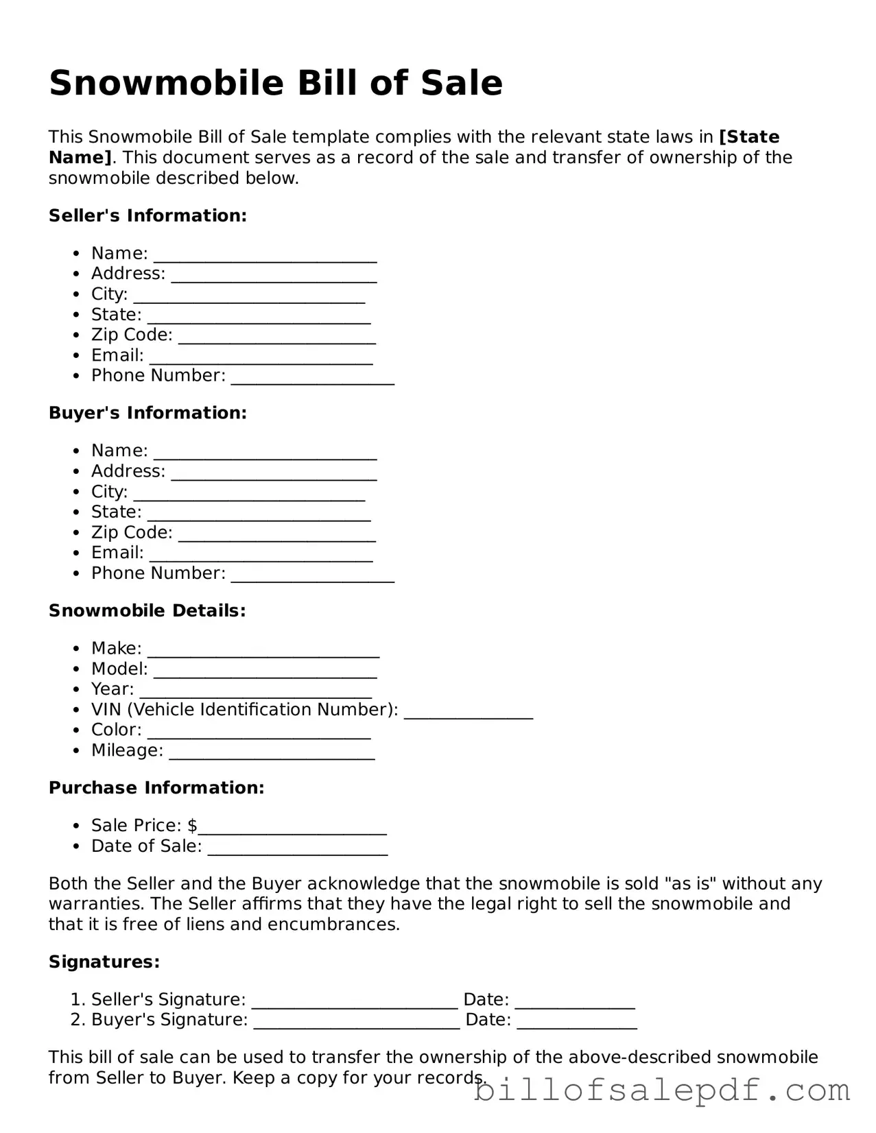 Fillable Snowmobile Bill of Sale Document