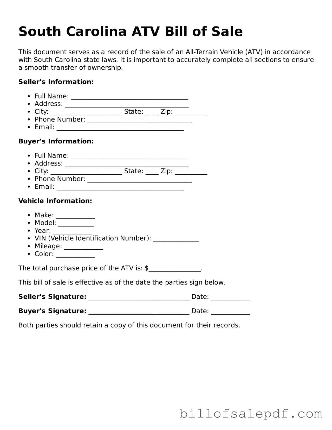 Legal South Carolina ATV Bill of Sale Form