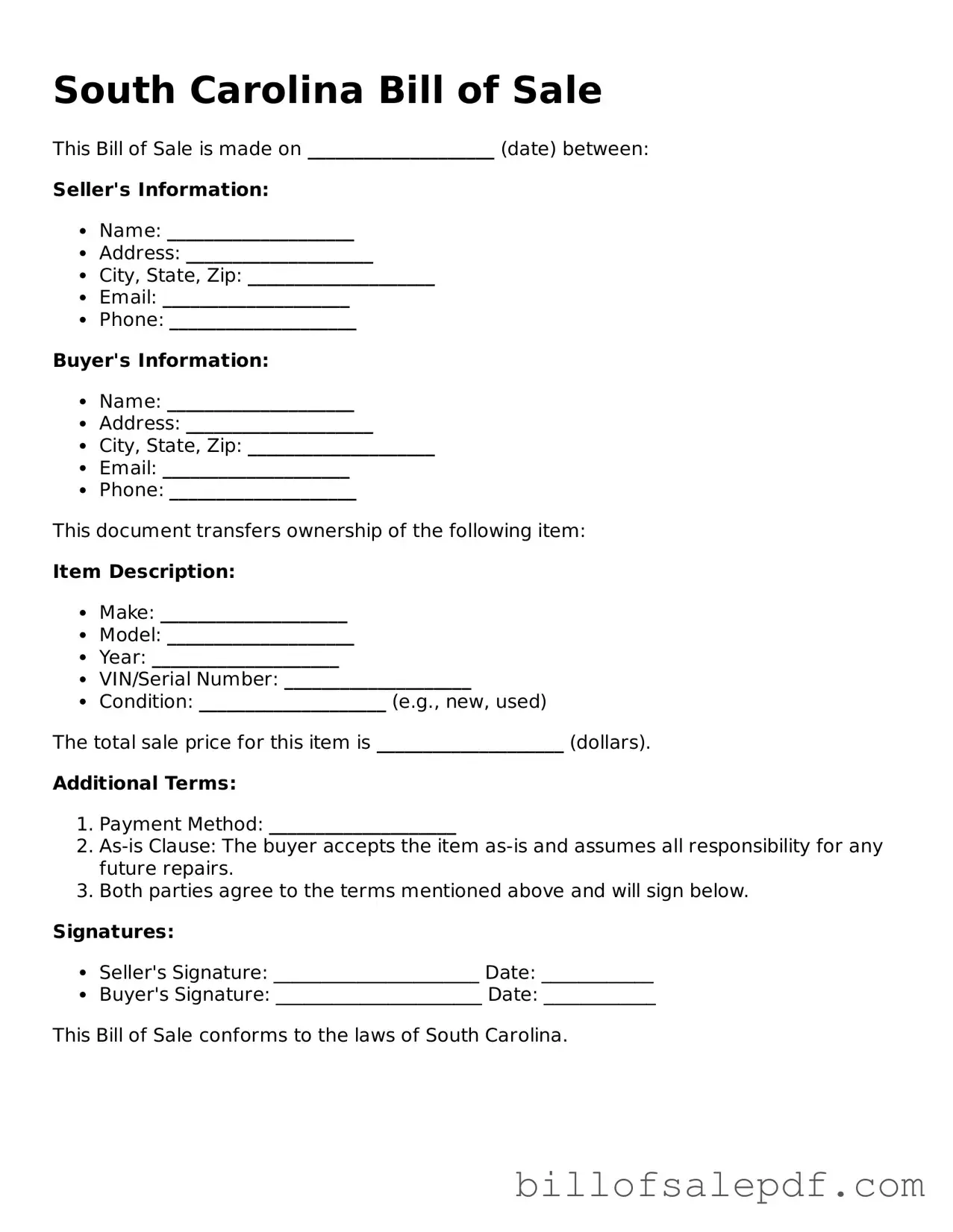 Legal South Carolina Bill of Sale Form