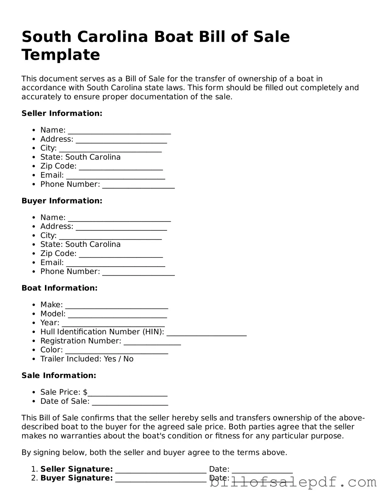 Legal South Carolina Boat Bill of Sale Form