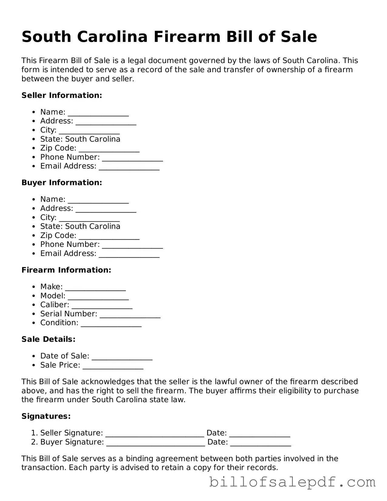 Legal South Carolina Firearm Bill of Sale Form
