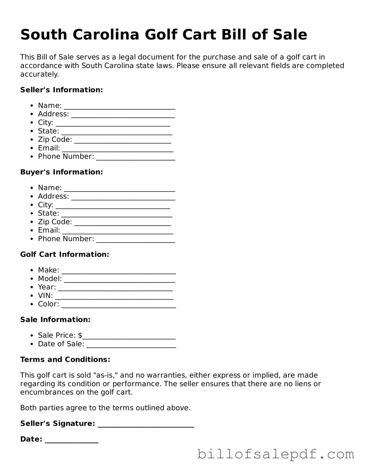 Legal South Carolina Golf Cart Bill of Sale Form