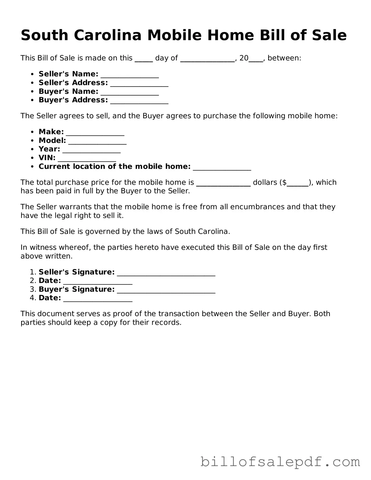 Legal South Carolina Mobile Home Bill of Sale Form