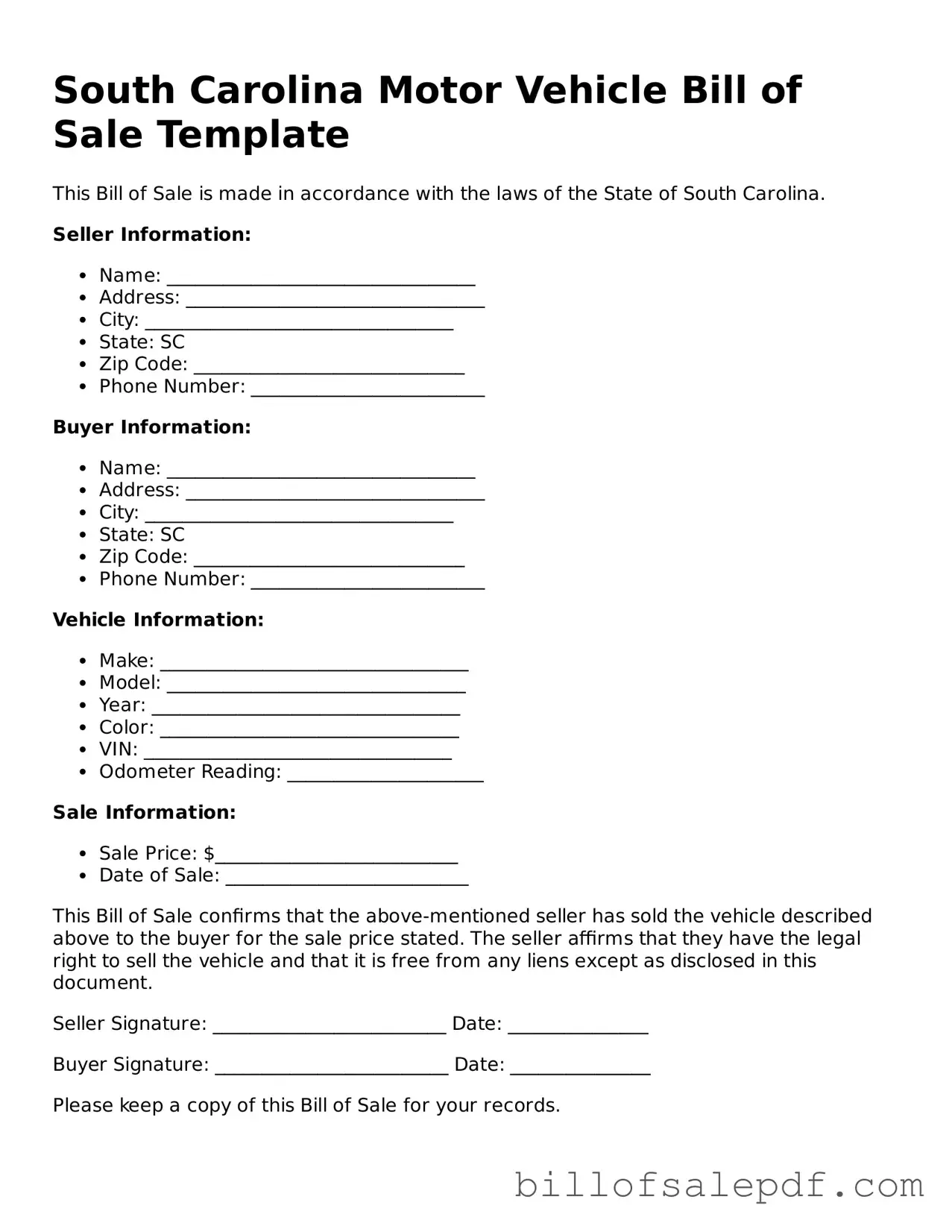 Legal South Carolina Motor Vehicle Bill of Sale Form