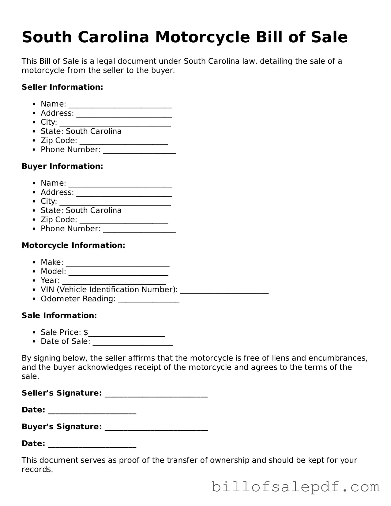 Legal South Carolina Motorcycle Bill of Sale Form