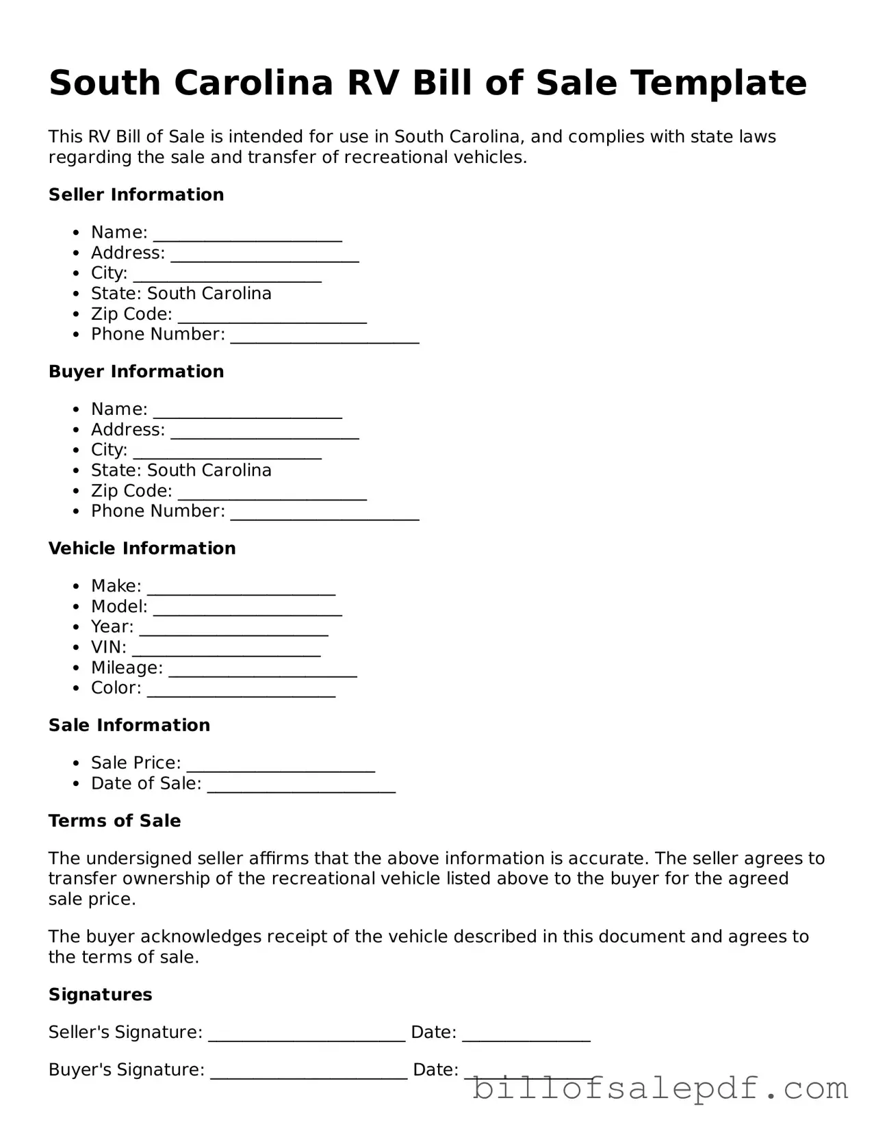 Legal South Carolina RV Bill of Sale Form