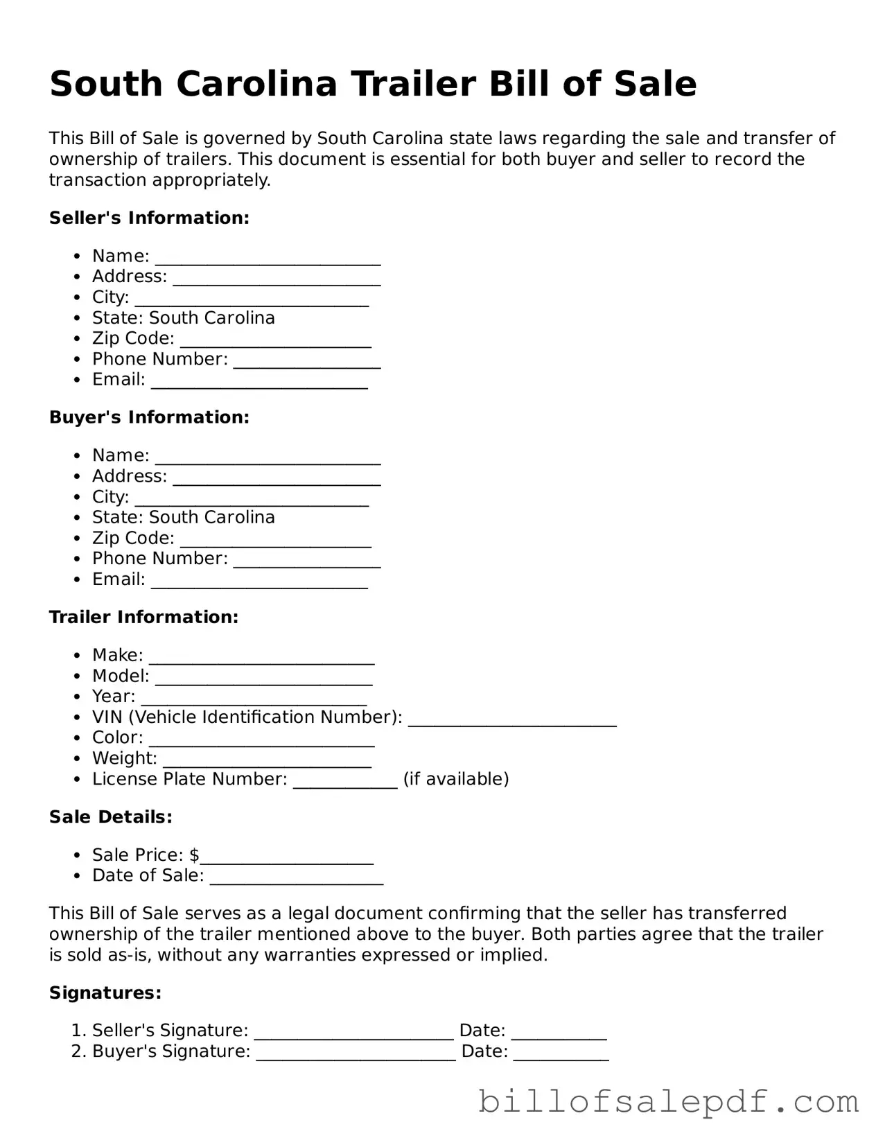 Legal South Carolina Trailer Bill of Sale Form