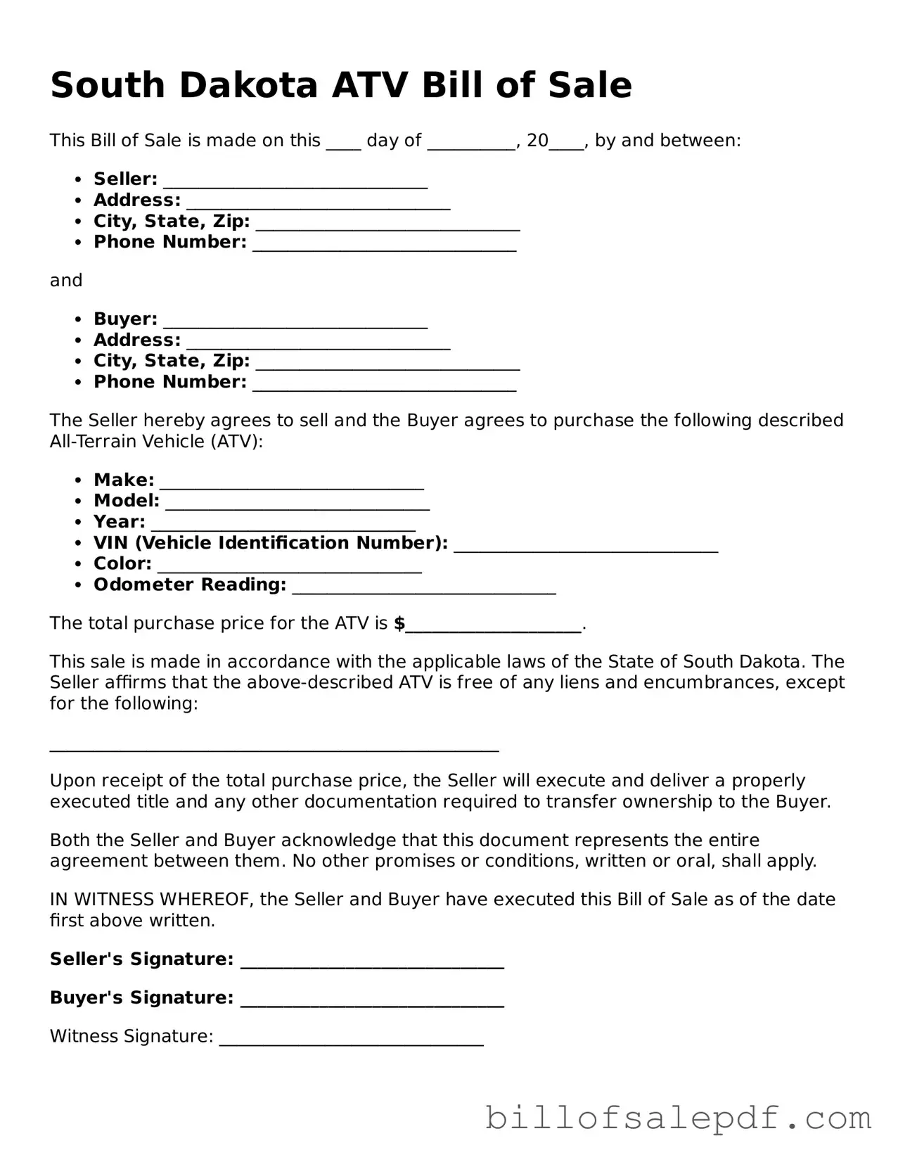 Legal South Dakota ATV Bill of Sale Form