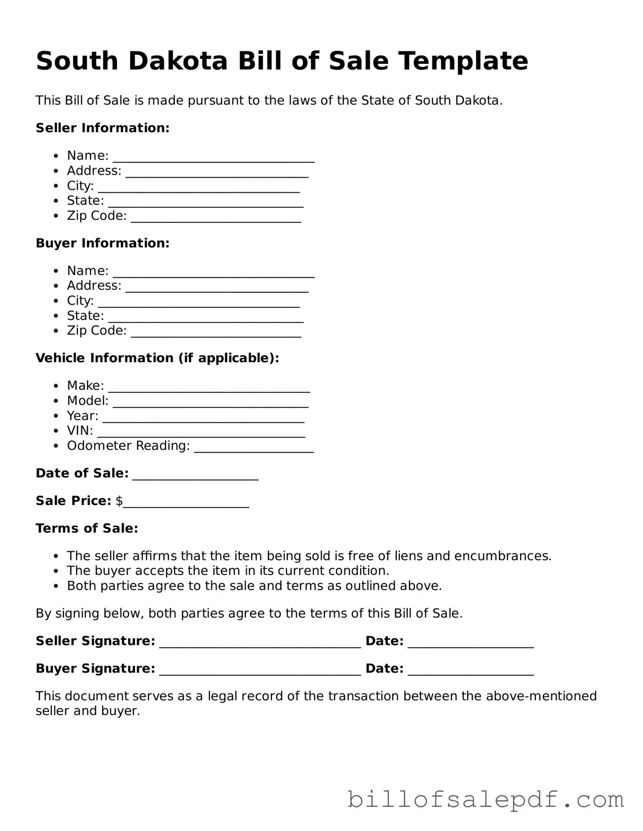 Legal South Dakota Bill of Sale Form