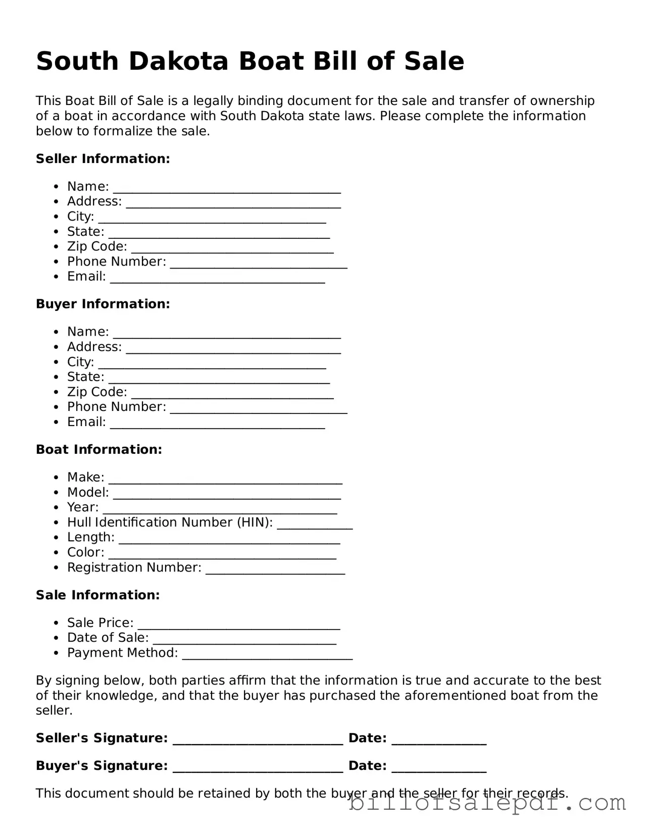 Legal South Dakota Boat Bill of Sale Form