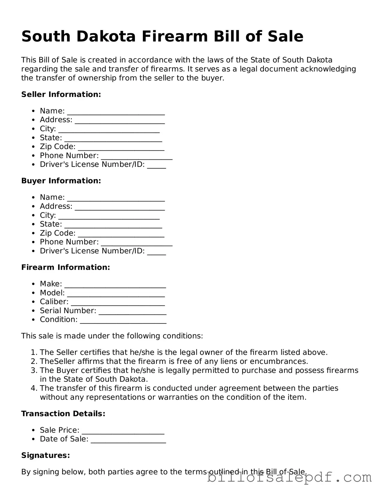 Legal South Dakota Firearm Bill of Sale Form
