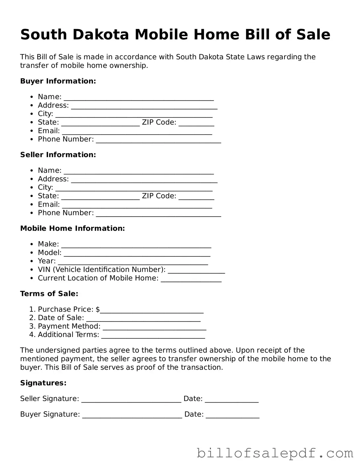 Legal South Dakota Mobile Home Bill of Sale Form