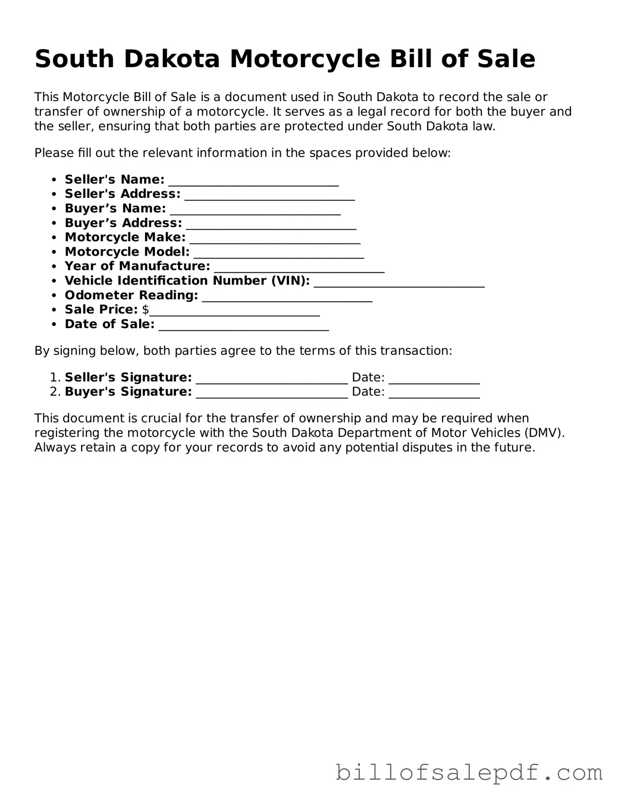 Legal South Dakota Motorcycle Bill of Sale Form