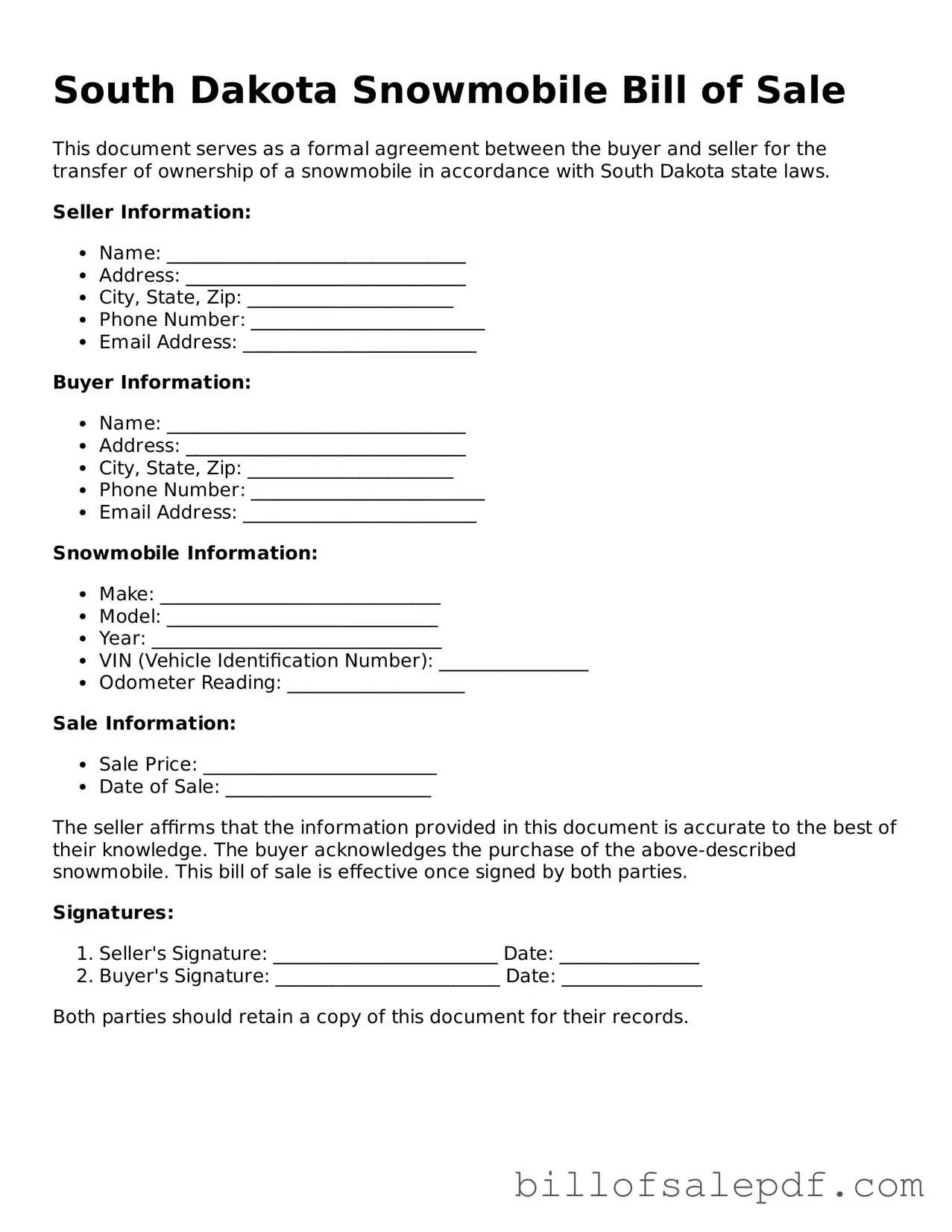 Legal South Dakota Snowmobile Bill of Sale Form