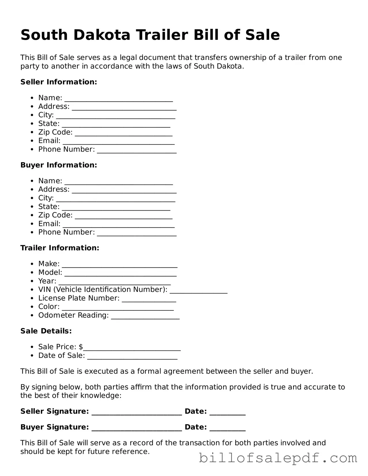 Legal South Dakota Trailer Bill of Sale Form