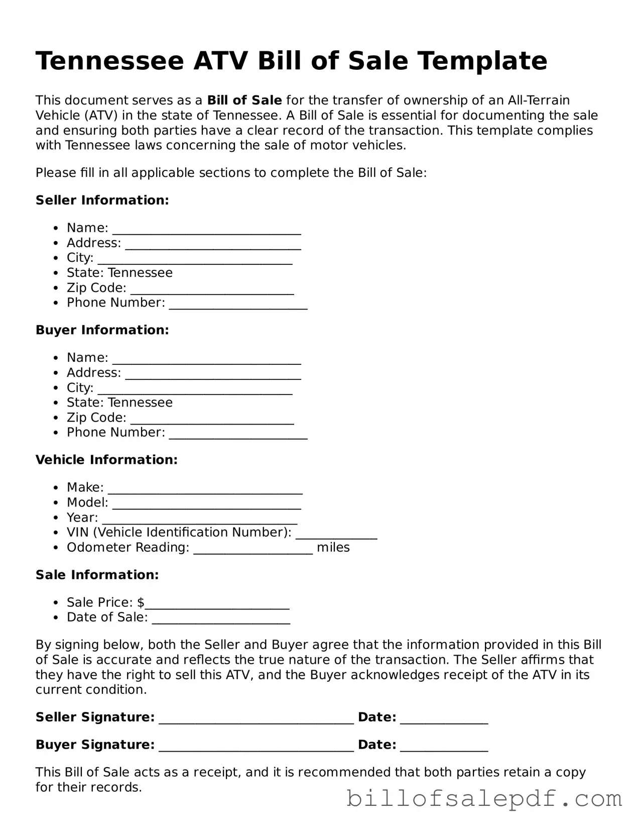 Legal Tennessee ATV Bill of Sale Form