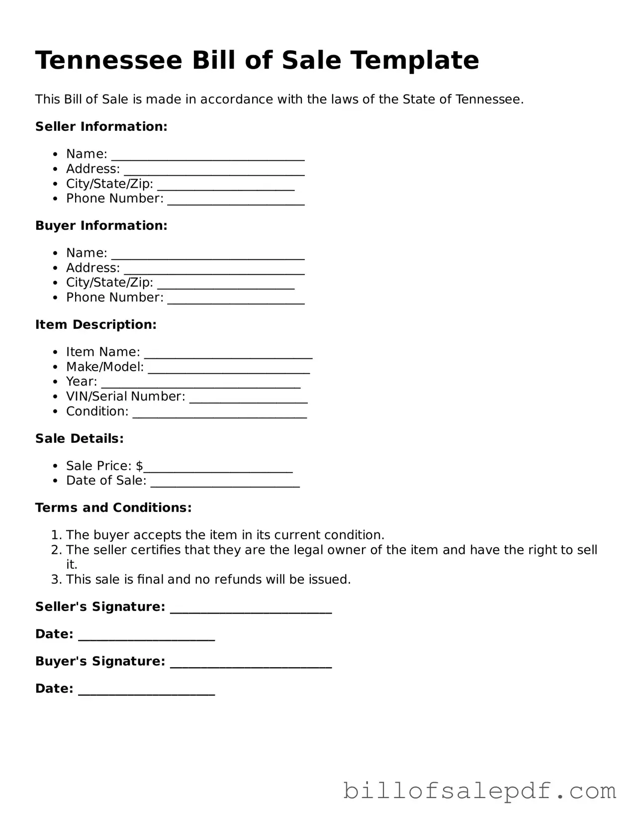Legal Tennessee Bill of Sale Form