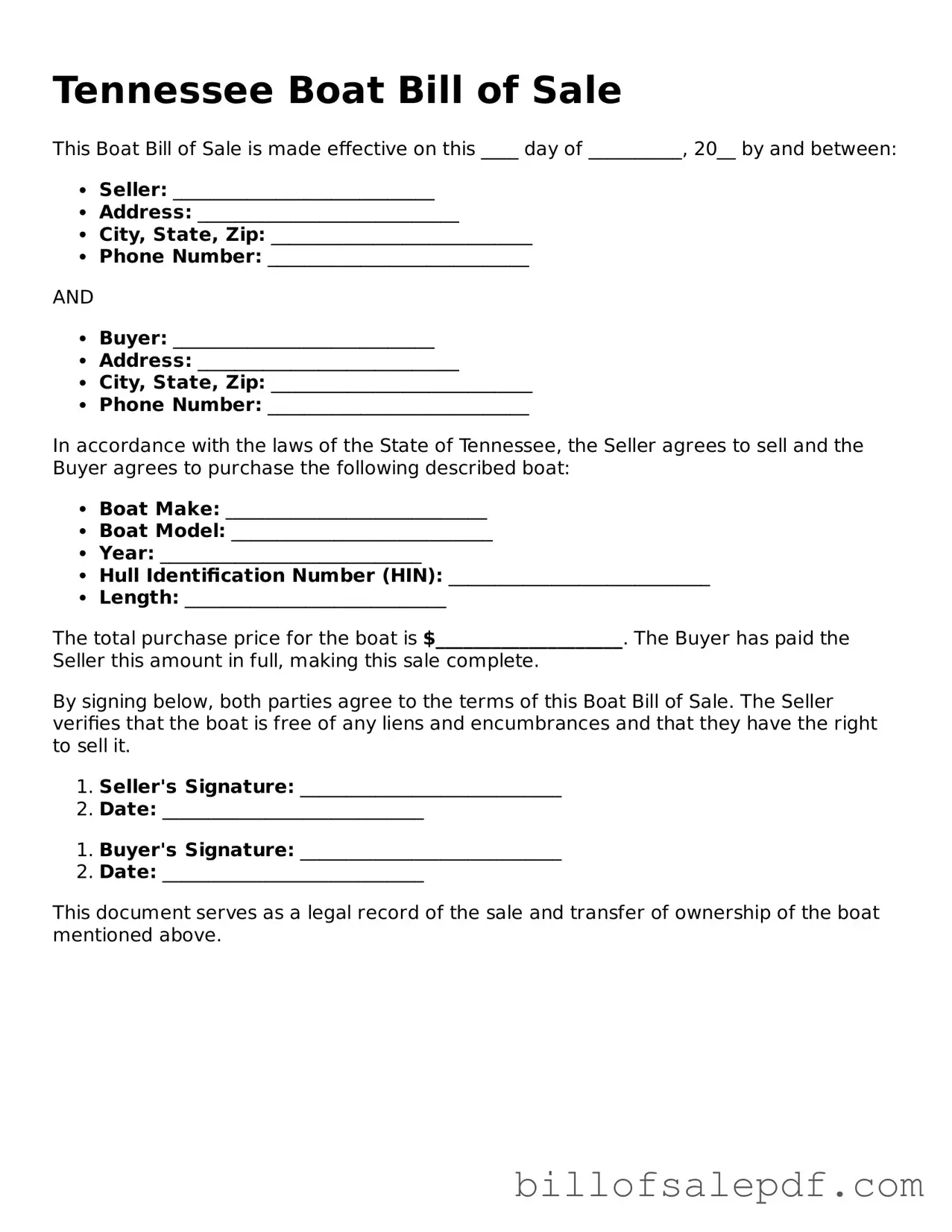 Legal Tennessee Boat Bill of Sale Form
