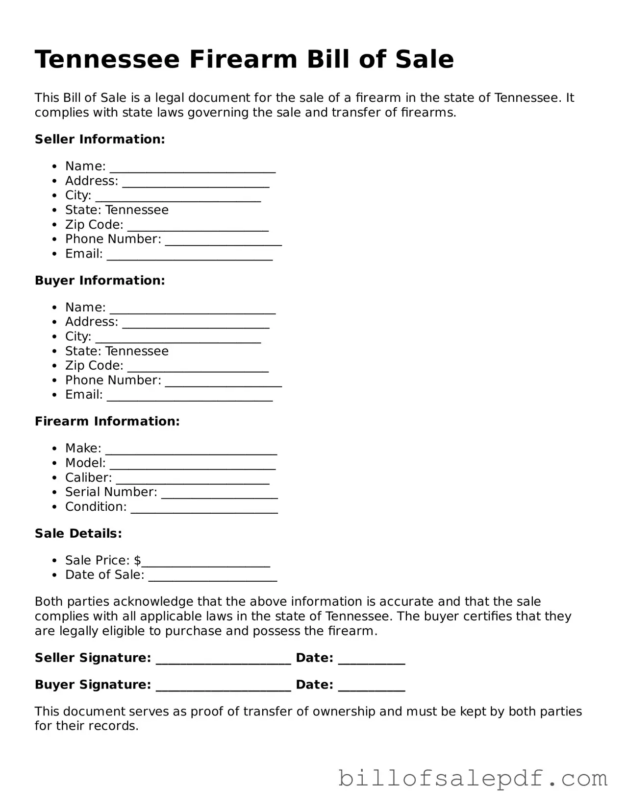 Legal Tennessee Firearm Bill of Sale Form