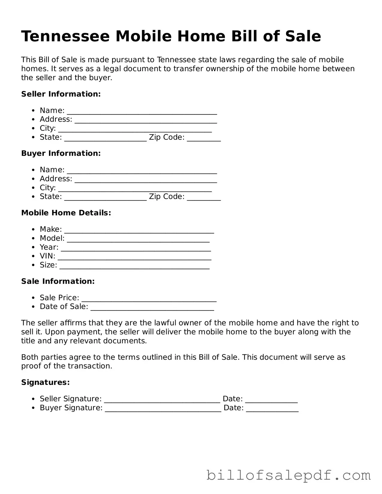 Legal Tennessee Mobile Home Bill of Sale Form
