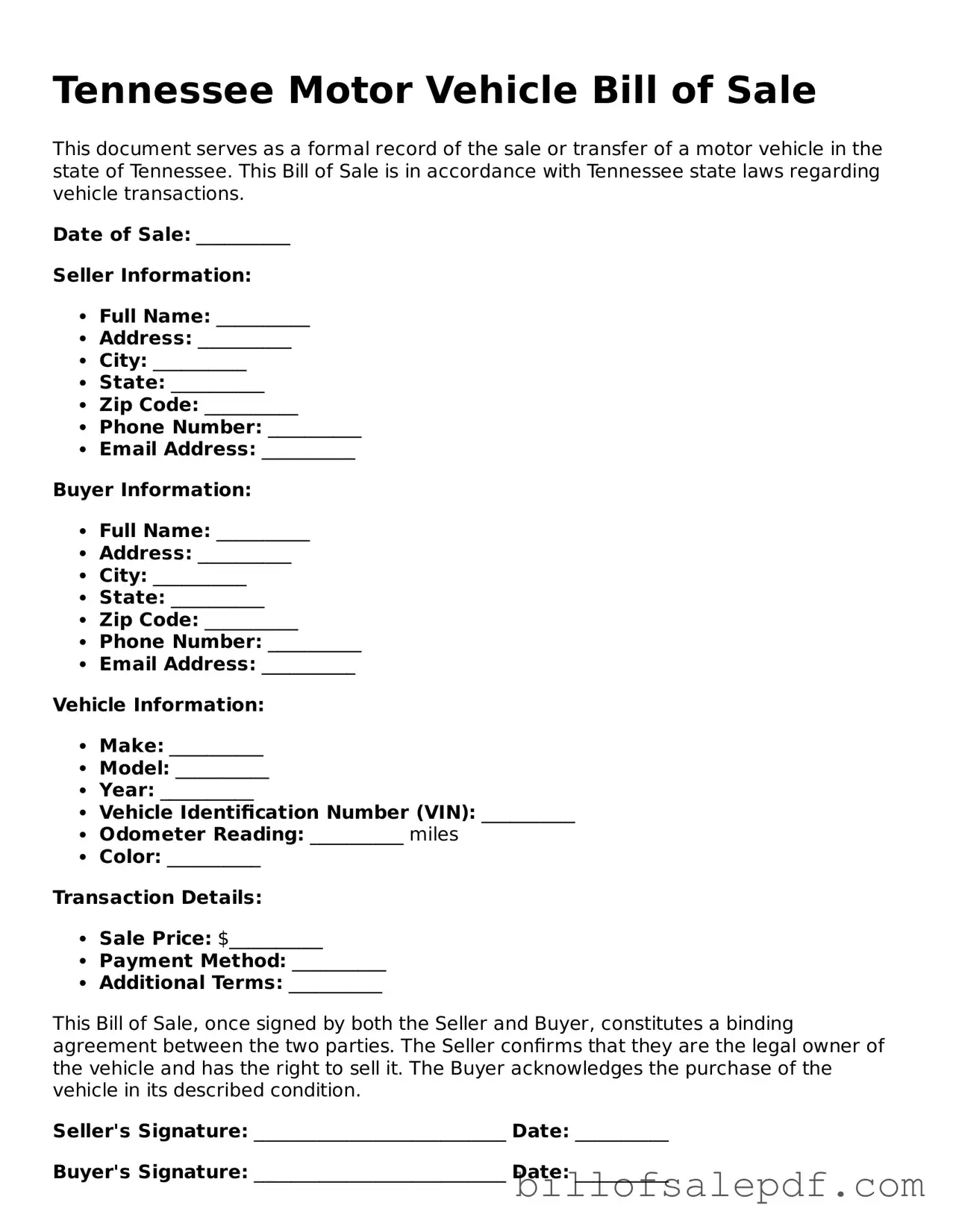Legal Tennessee Motor Vehicle Bill of Sale Form