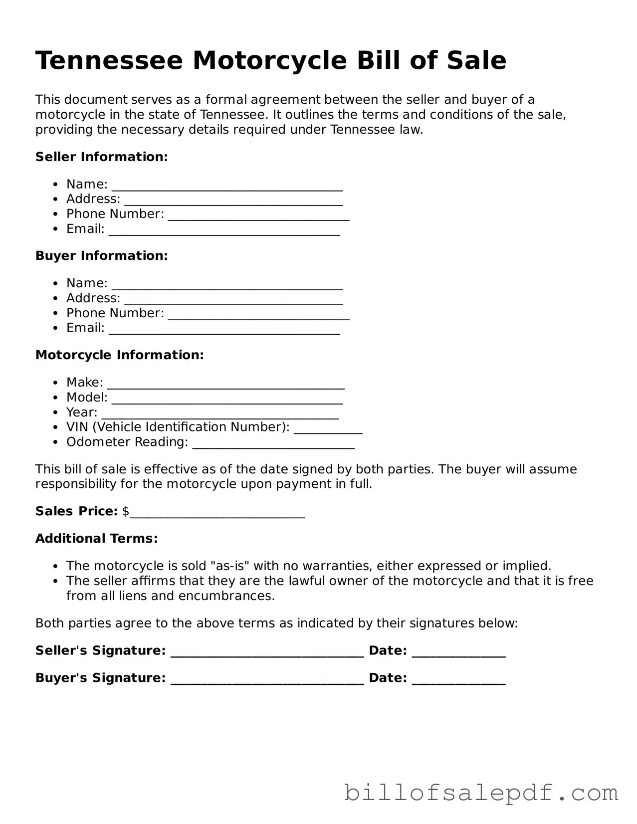 Legal Tennessee Motorcycle Bill of Sale Form