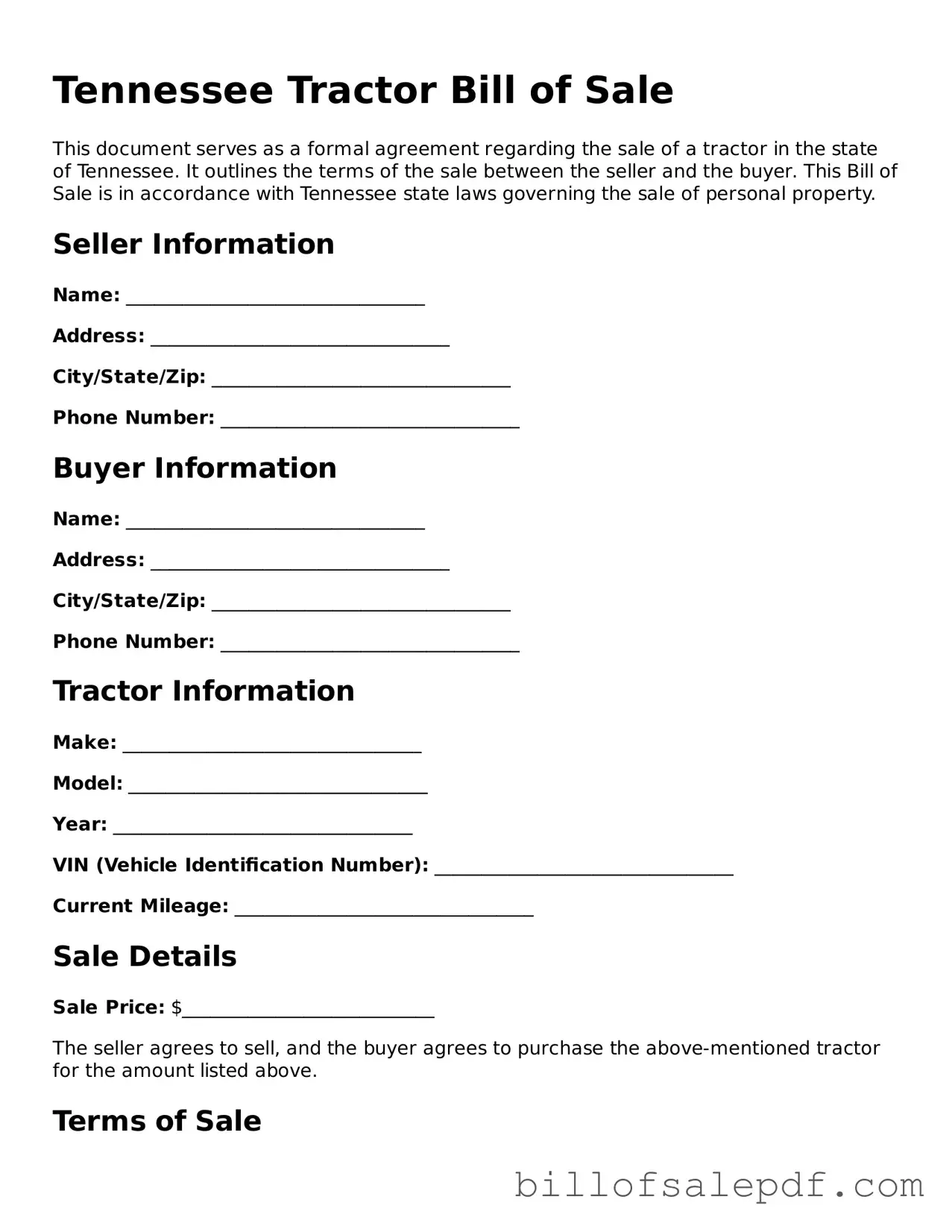 Legal Tennessee Tractor Bill of Sale Form