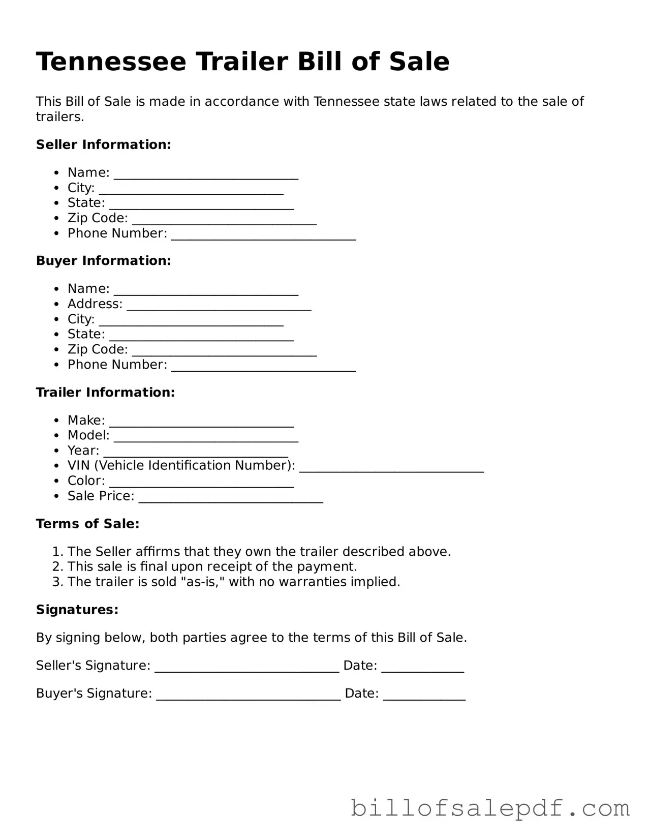Legal Tennessee Trailer Bill of Sale Form