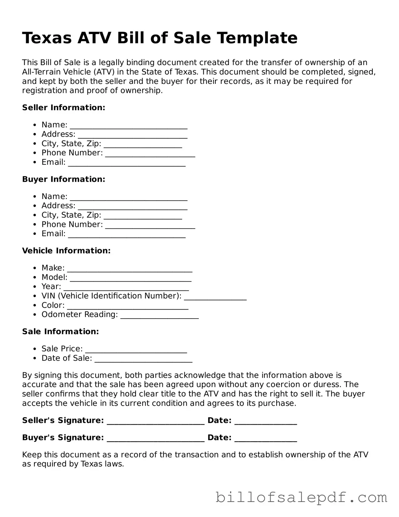 Legal Texas ATV Bill of Sale Form