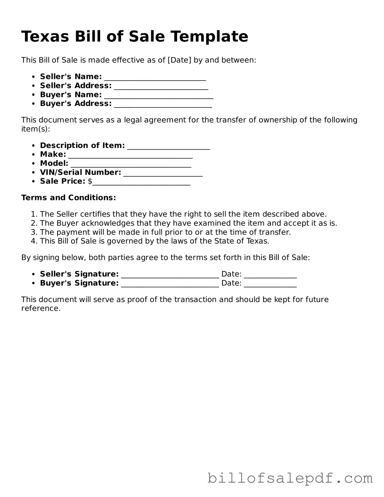 Legal Texas Bill of Sale Form