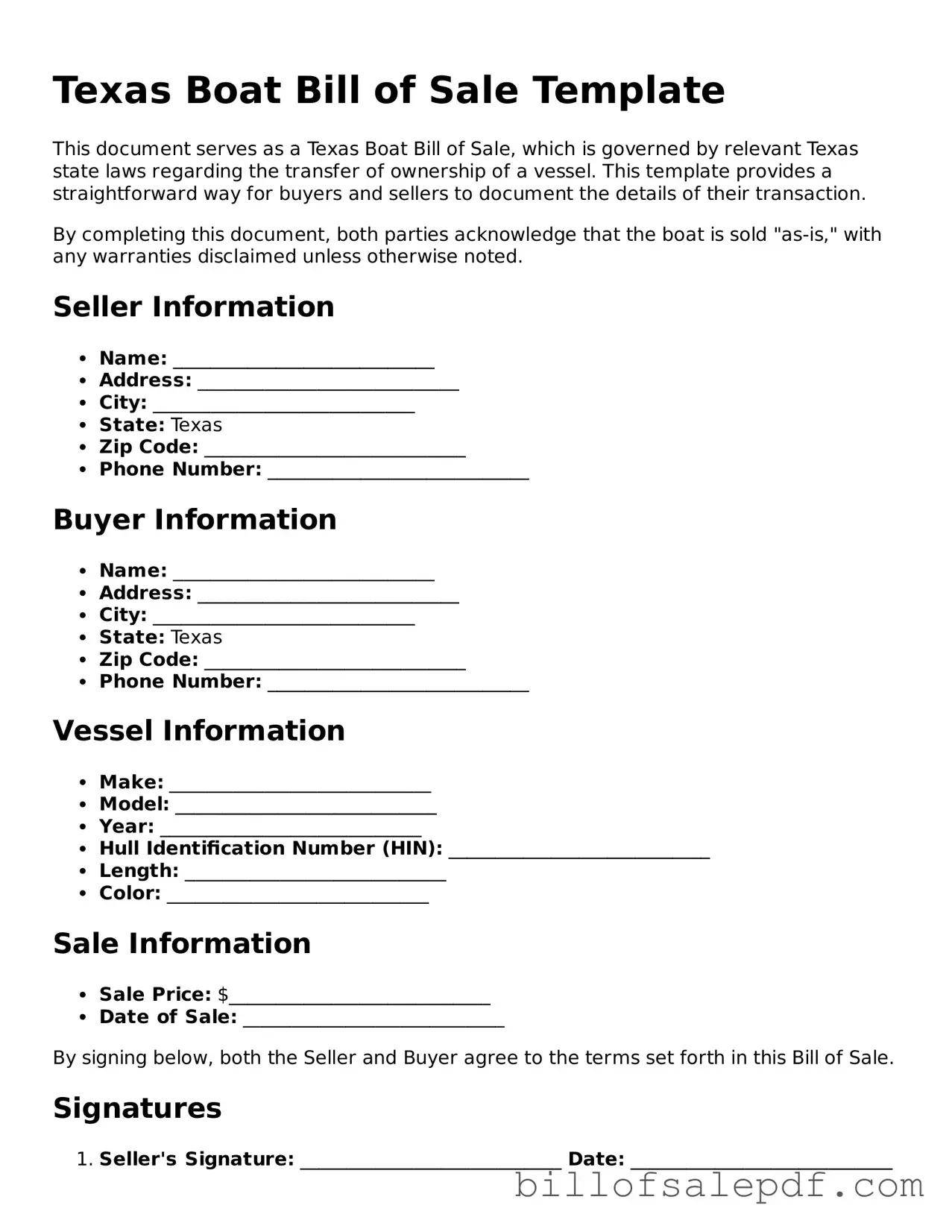 Legal Texas Boat Bill of Sale Form
