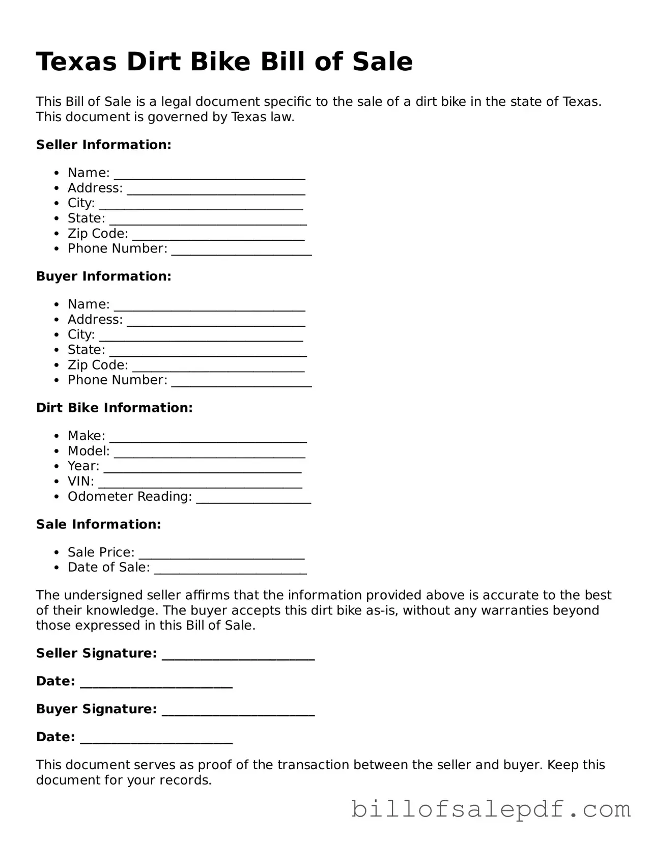 Legal Texas Dirt Bike Bill of Sale Form