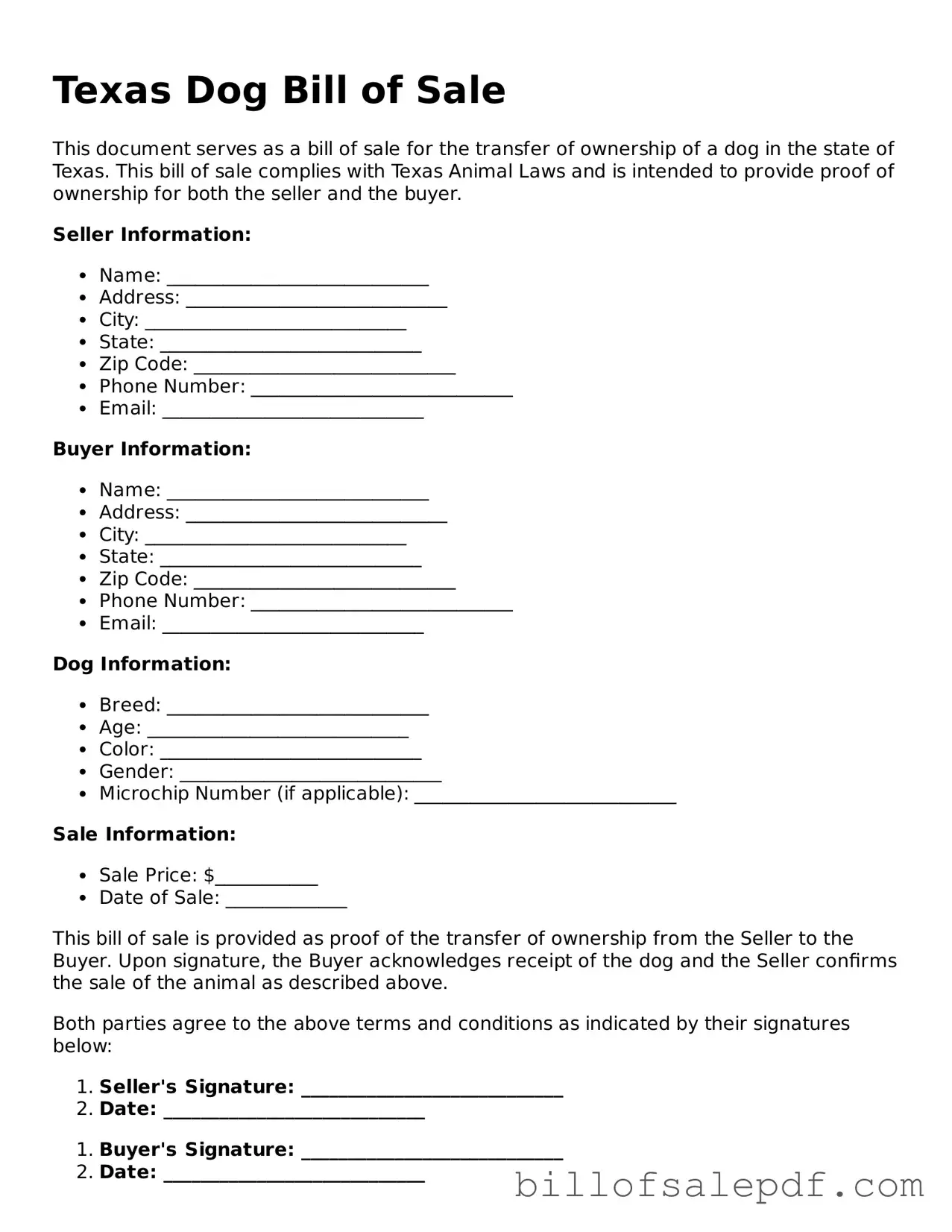 Legal Texas Dog Bill of Sale Form