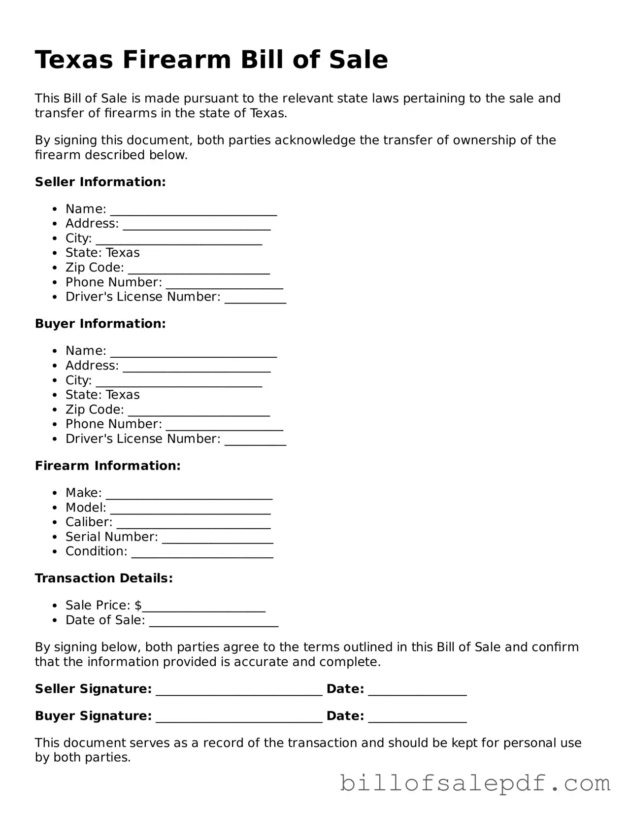 Legal Texas Firearm Bill of Sale Form