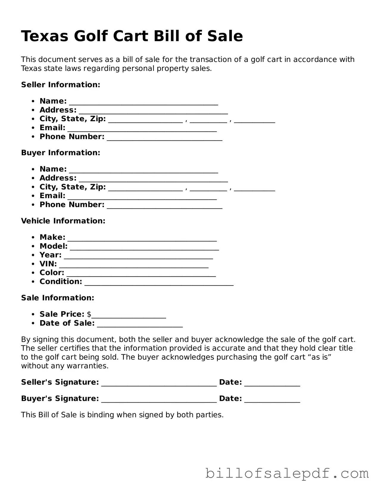 Legal Texas Golf Cart Bill of Sale Form