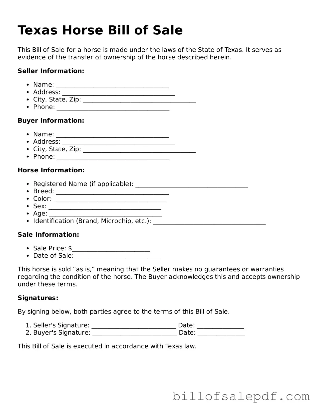 Legal Texas Horse Bill of Sale Form