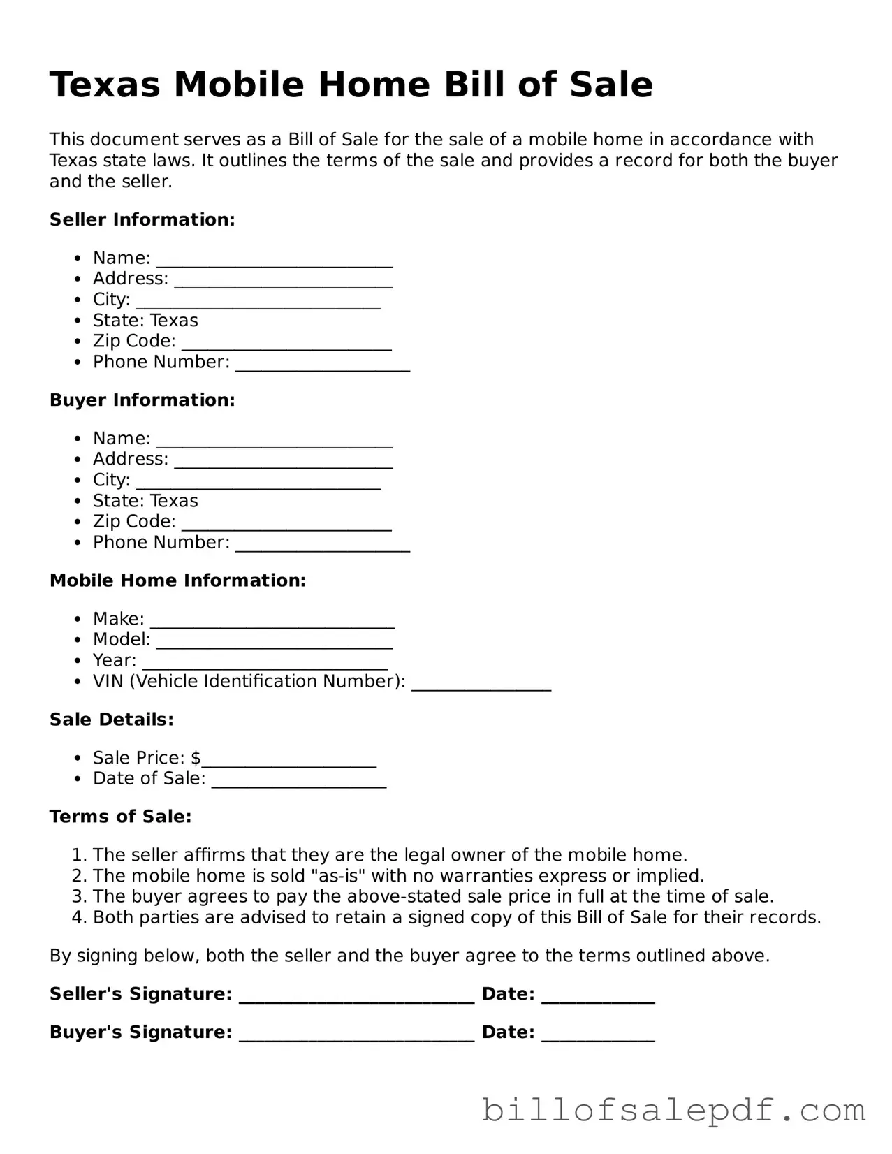 Legal Texas Mobile Home Bill of Sale Form