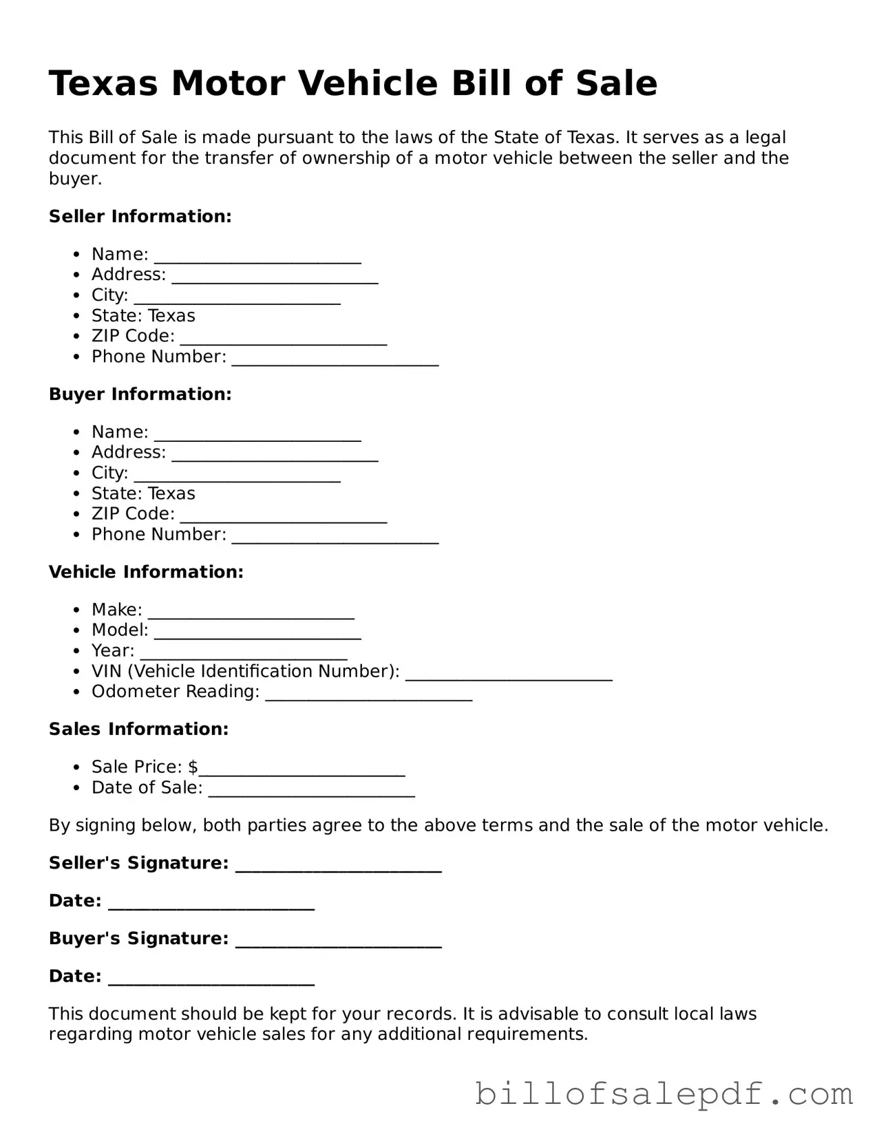 Legal Texas Motor Vehicle Bill of Sale Form