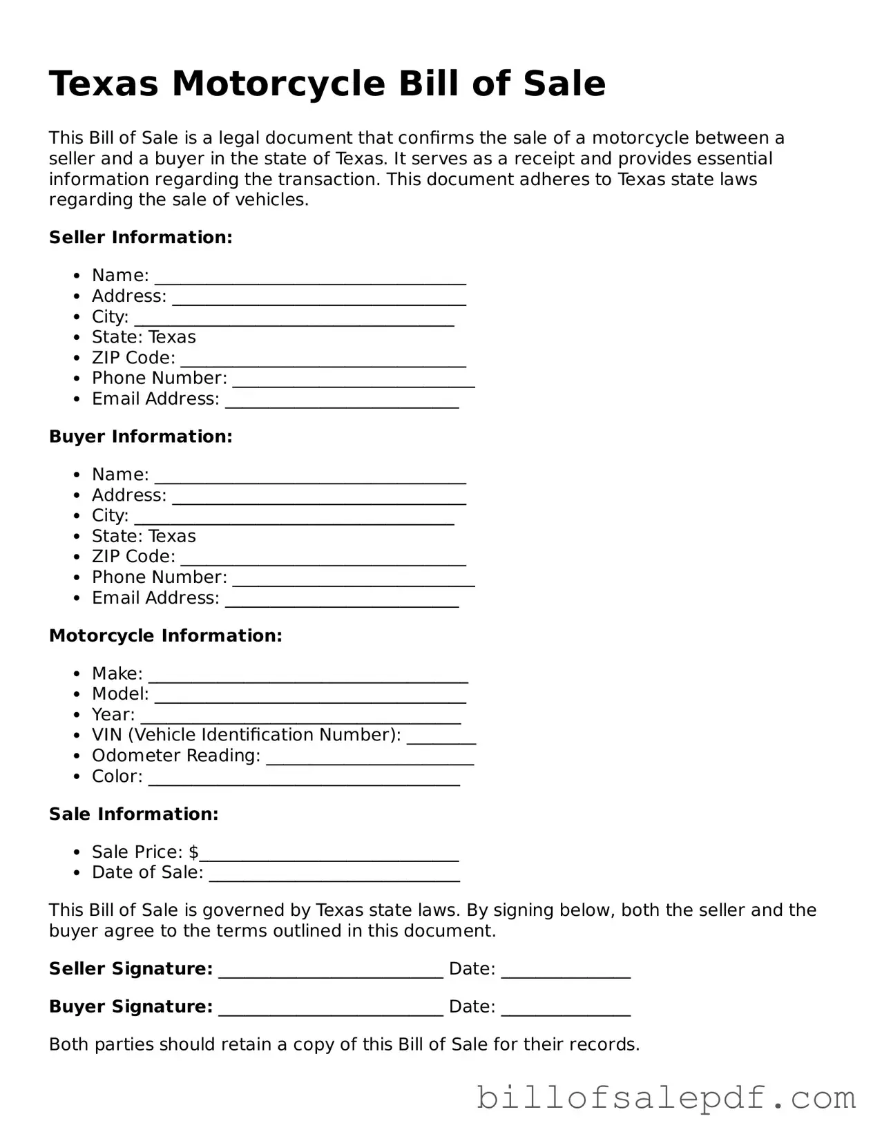 Legal Texas Motorcycle Bill of Sale Form