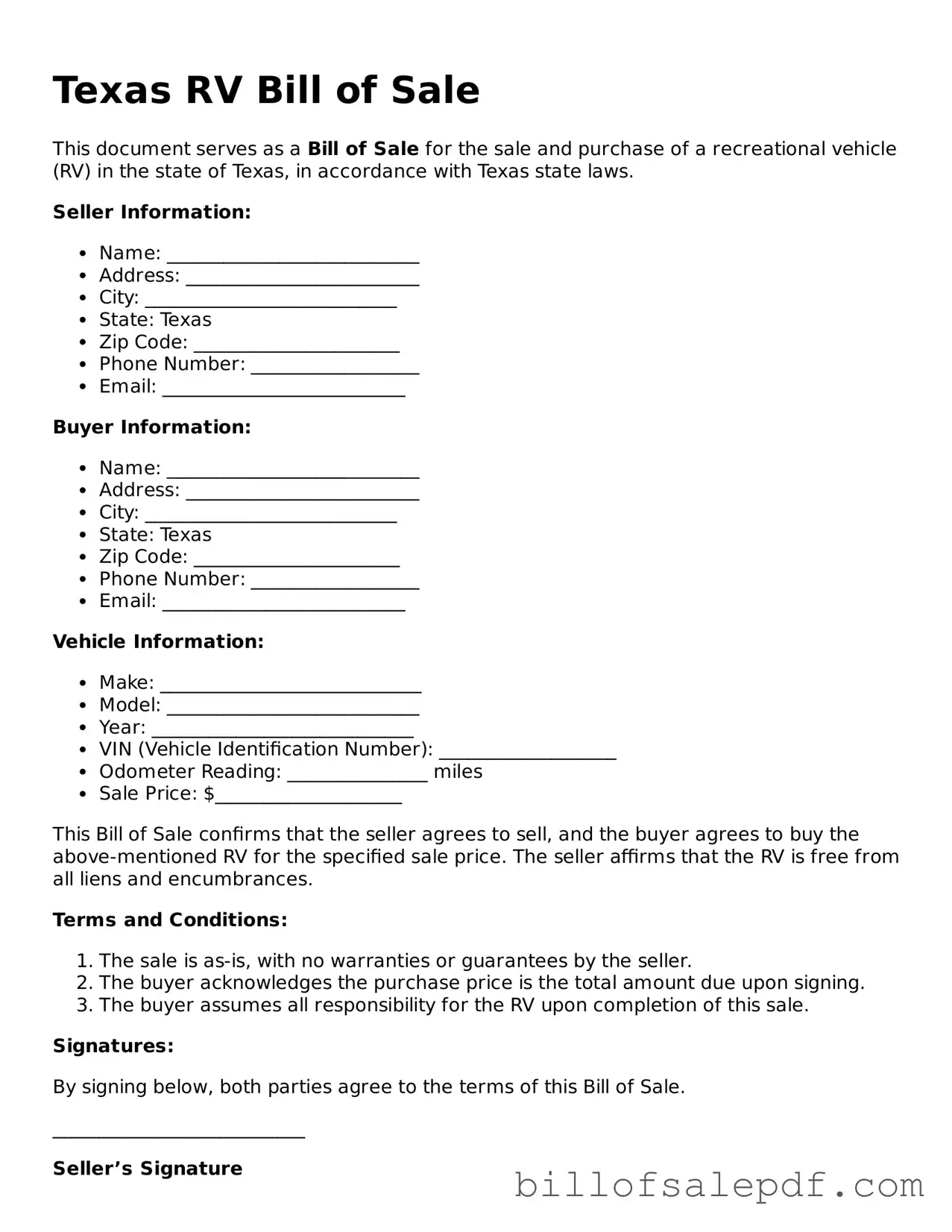 Legal Texas RV Bill of Sale Form