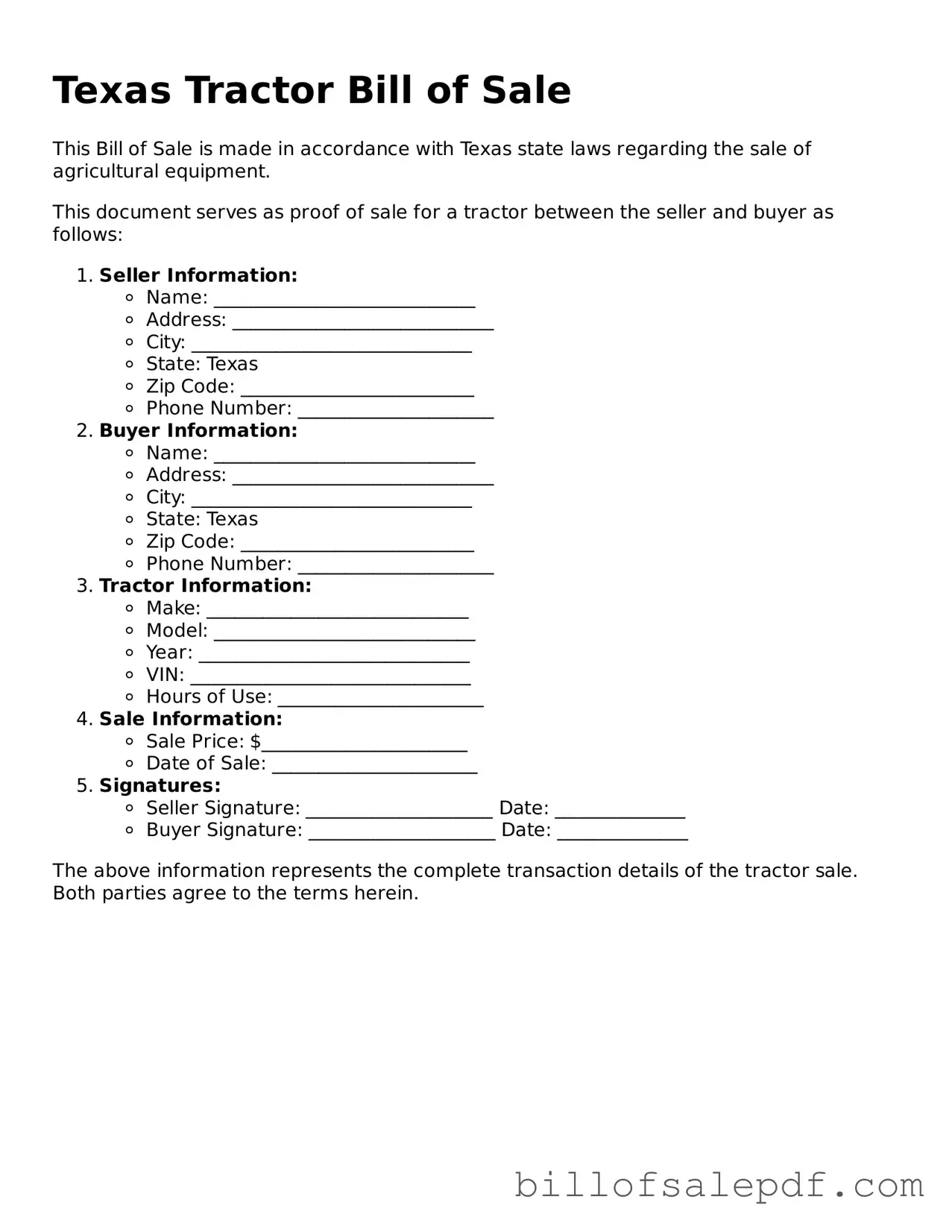 Legal Texas Tractor Bill of Sale Form