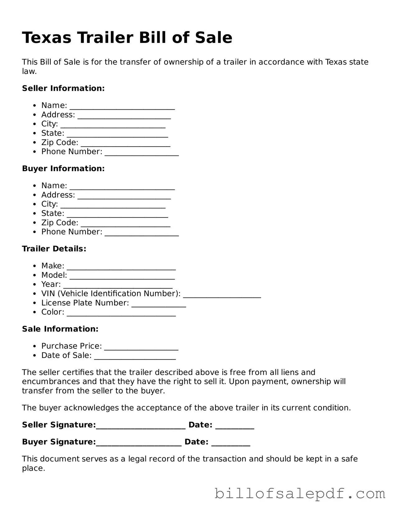 Legal Texas Trailer Bill of Sale Form