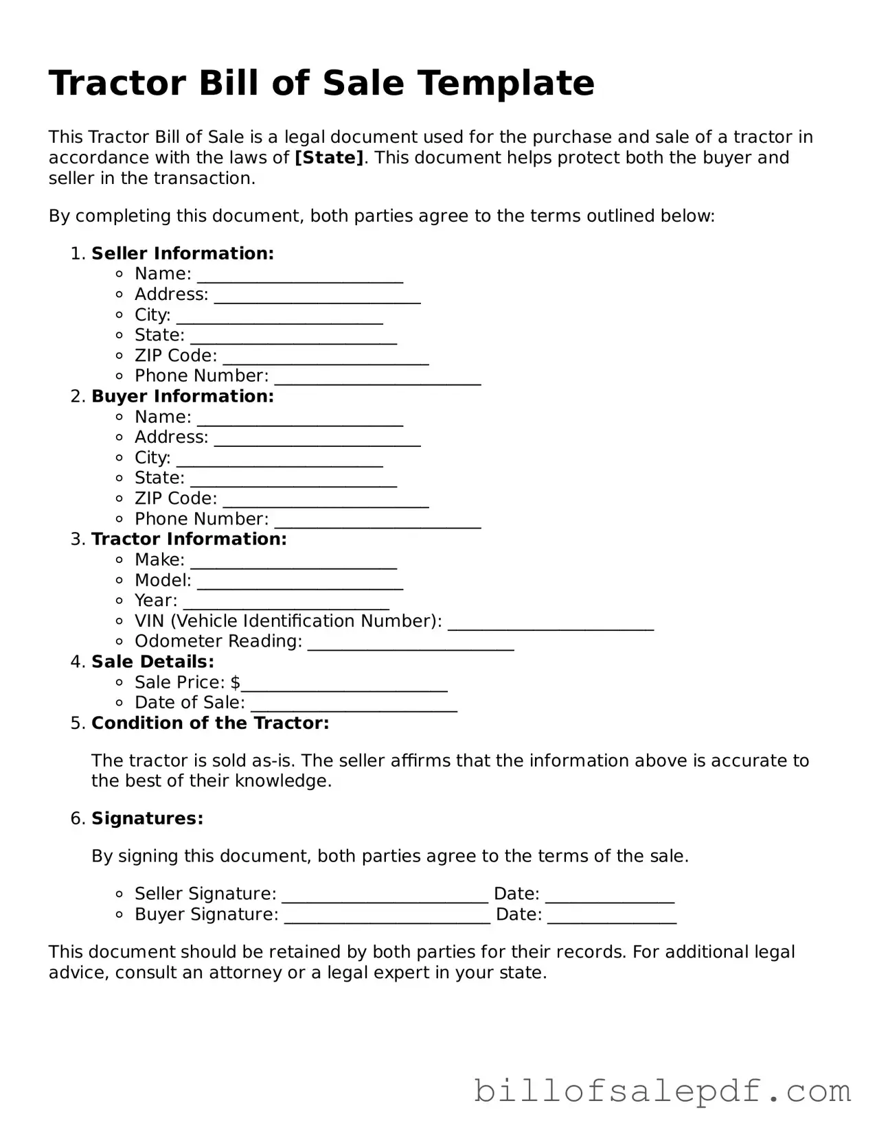 Fillable Tractor Bill of Sale Document