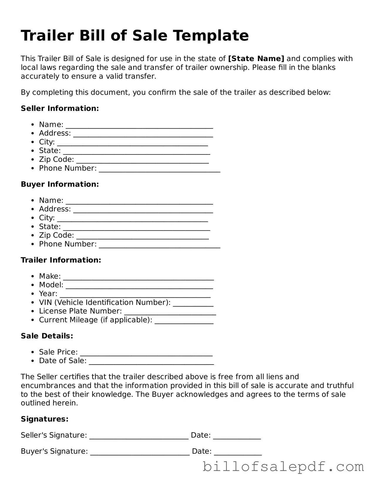 Fillable Trailer Bill of Sale Document
