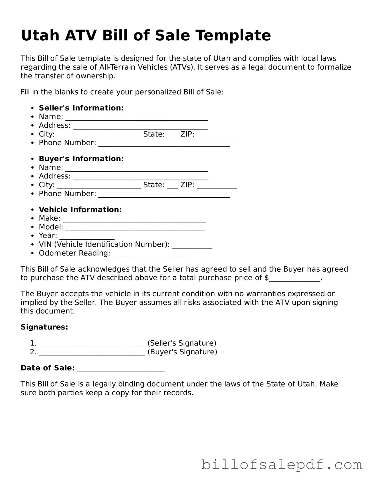 Legal Utah ATV Bill of Sale Form