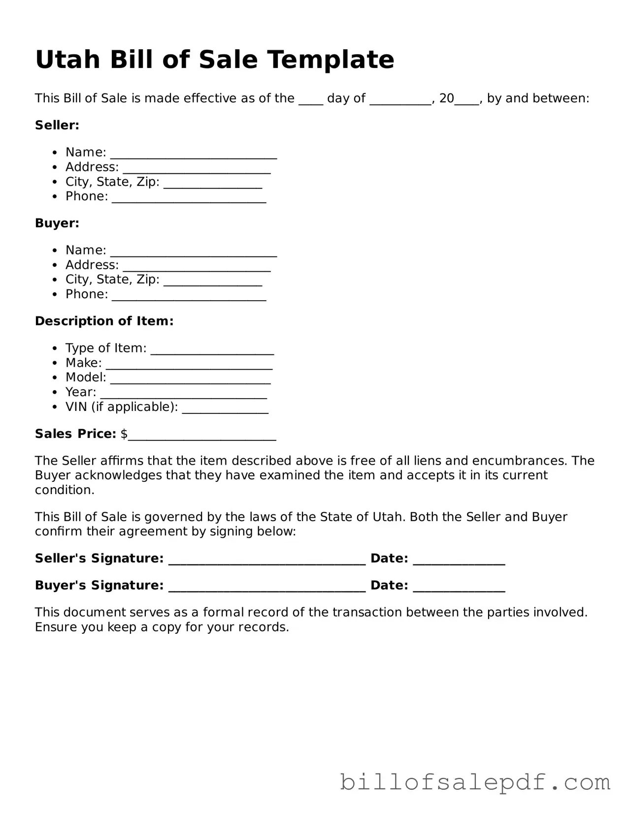 Legal Utah Bill of Sale Form