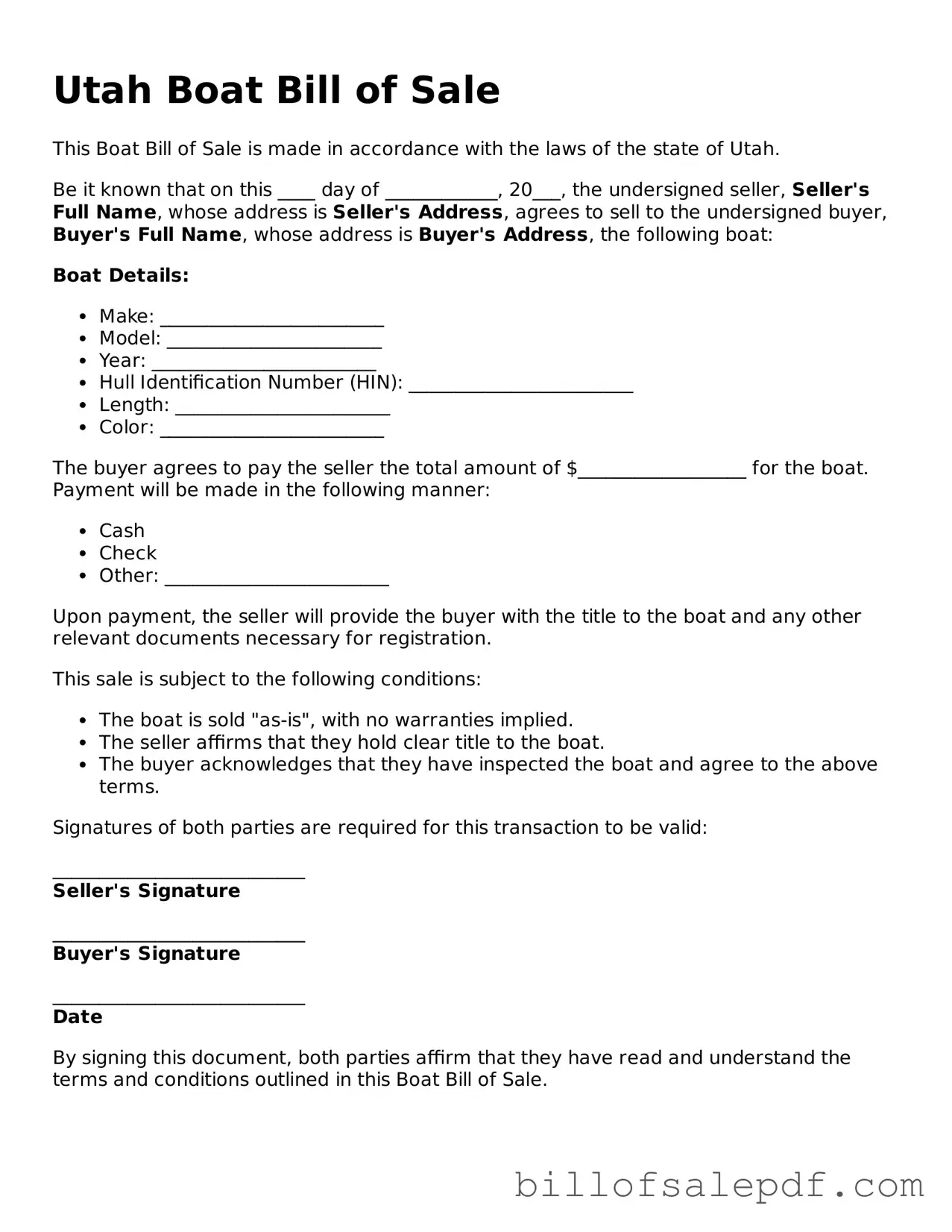 Legal Utah Boat Bill of Sale Form