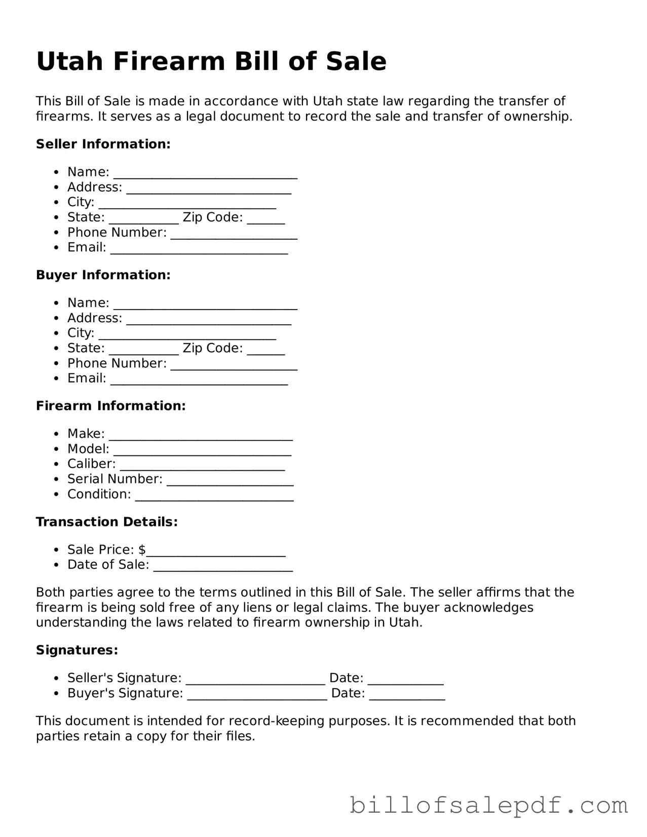 Legal Utah Firearm Bill of Sale Form